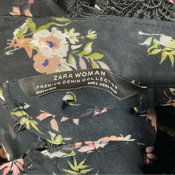 Zara Woman Premium Denim Collection Sheer Floral Black Lace Trim Blouse Size L - Picture 7 of 7